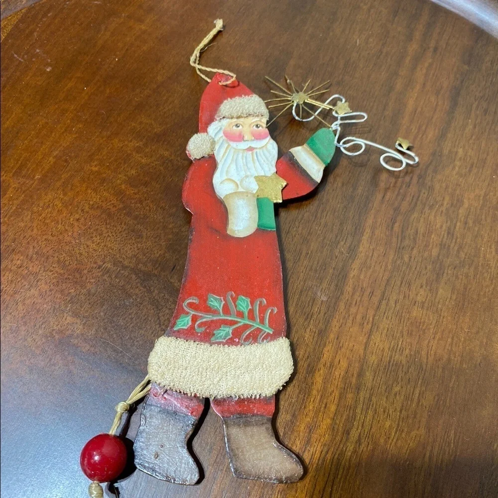 Vtg Tin Santa Clause Christmas Tree Ornament Articulated Movable Arm & Leg.